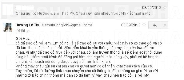 C&aacute;c email trao đổi về chuyện tiền nong của H.T với Thảo My v&agrave; mẹ nữ ca sỹ.