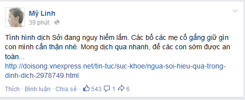 Tr&ecirc;n trang Facebook c&aacute; nh&acirc;n của m&igrave;nh,ca sĩ Mỹ Linh đ&atilde; chia sẻ d&ograve;ng t&acirc;m trạng đầy lo lắng