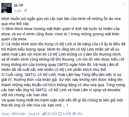 Sơn T&ugrave;ng cũng k&ecirc;u gọi fan của m&igrave;nh cư xử một c&aacute;ch c&oacute; văn h&oacute;a.