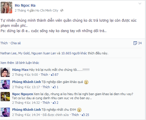 D&ograve;ng trạng th&aacute;i của c&ocirc; nhận được kh&aacute; nhiều gạch đ&aacute; từ ph&iacute;a cư d&acirc;n mạng. Thậm ch&iacute; c&oacute; những &yacute; kiến gay gắt cho rằng giọng ca H&atilde;y tha thứ cho em đang tỏ ra &ldquo; x&uacute;c phạm&rdquo; người đọc v&agrave; c&ocirc; đang tự &ldquo; vả v&agrave;o mặt m&igrave;nh&rdquo;. 