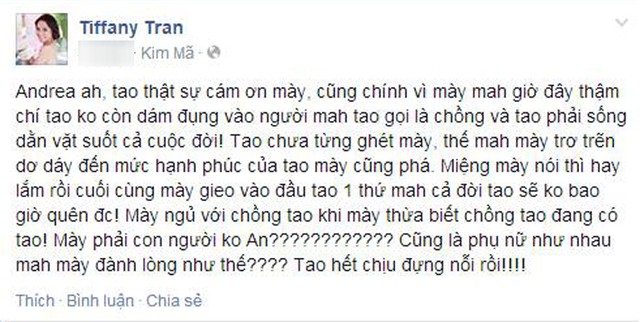C&ocirc; mạnh miệng tố c&aacute;o Andrea c&oacute; quan hệ vụng trộm với chồng m&igrave;nh.