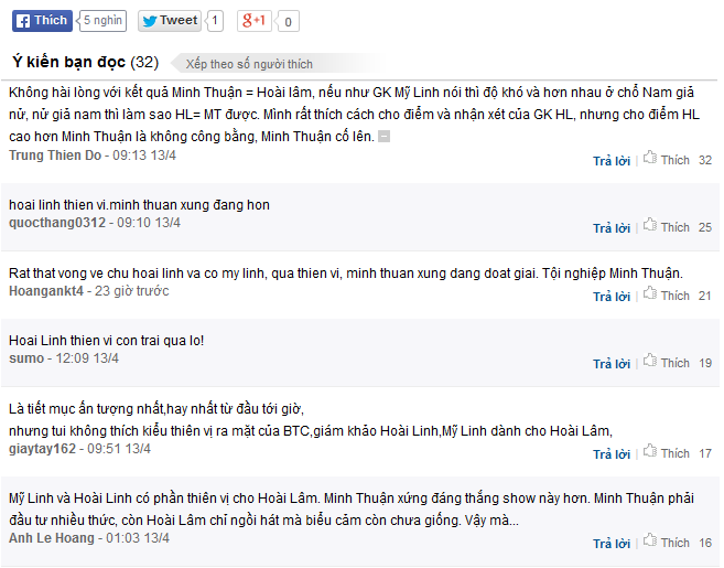 Phần tranh c&atilde;i của kh&aacute;n giả khi Ho&agrave;i L&acirc;m đạt số điểm ngang bằng với Minh Thuận.