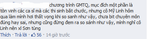 Fan Sơn T&ugrave;ng nghĩ Mỹ Linh n&ecirc;n xin lỗi Sơn T&ugrave;ng.