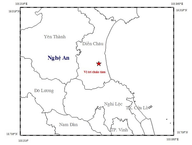 Vị tr&iacute; xảy ra động đất tại Nghệ An