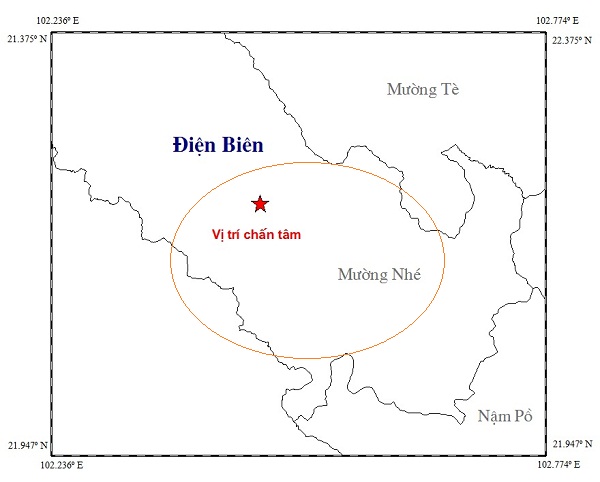 Bản đồ t&acirc;m chấn động đất vừa xảy ra ở huyện Mường Nh&eacute;, tỉnh Điện Bi&ecirc;n