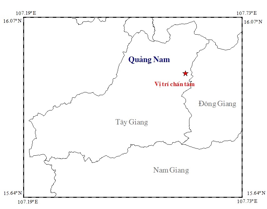  Bản đồ t&acirc;m chấn trận động đất xảy ra l&uacute;c 8h32p tại huyện T&acirc;y Giang, Quảng Nam. Ảnh: Viện Vật l&yacute; địa cầu