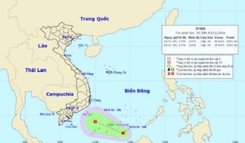  Vị tr&iacute; v&agrave; hướng đi của &aacute;p thấp nhiệt đới. Ảnh: TTDBKTTVTW