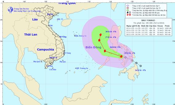 &Aacute;p thấp nhiệt đới ở biển Đ&ocirc;ng mạnh l&ecirc;n th&agrave;nh b&atilde;o Tokage. Ảnh: TTKTTVTW 