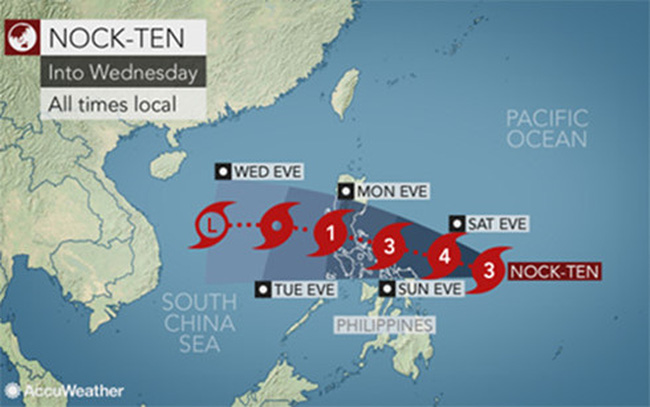  Vị tr&iacute; v&agrave; hướng đi tiếp theo của cơn b&atilde;o Nock-ten. Ảnh: AccuWeather