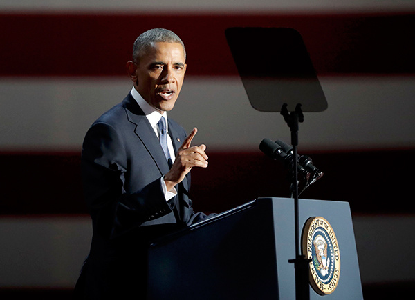 Tổng thống Obama ph&aacute;t biểu chia tay tại TP Chicago. Ảnh: Reuters