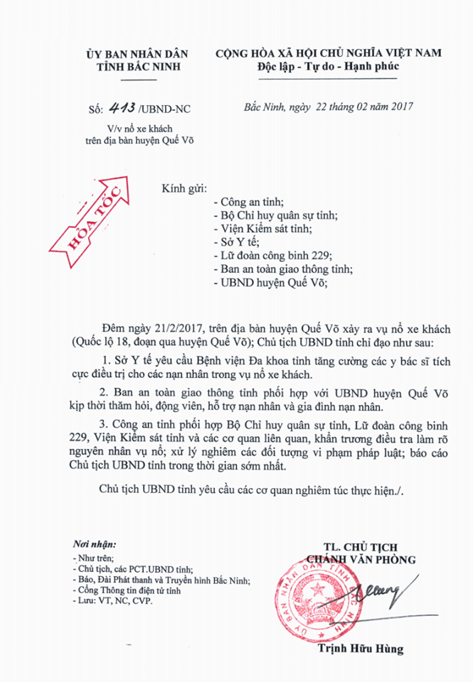  C&ocirc;ng văn hỏa tốc của UBND tỉnh Bắc Ninh chỉ đạo về vụ nổ xe kh&aacute;ch Ka Long C&ocirc;ng văn hỏa tốc của UBND tỉnh Bắc Ninh chỉ đạo về vụ nổ xe kh&aacute;ch Ka Long