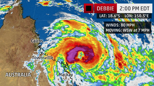  H&igrave;nh ảnh cơn b&atilde;o Debbie đang đe dọa Australia. Ảnh: weather.com