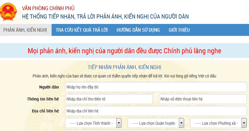  Giao diện của hệ thống tiếp nhận, trả lời phản &aacute;nh, kiến nghị của người d&acirc;n