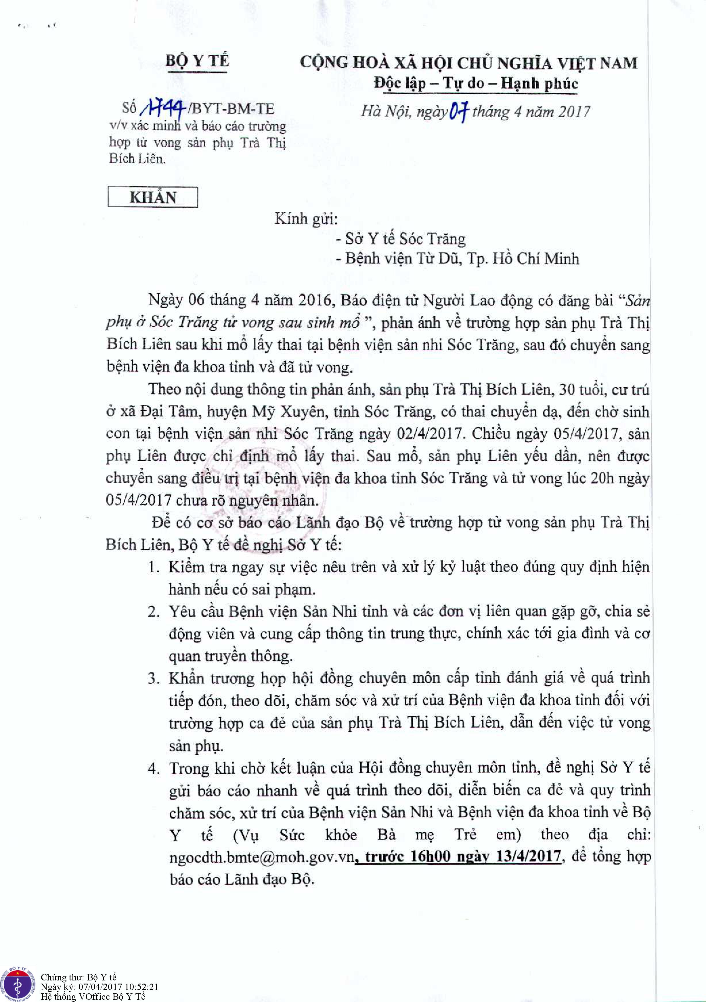 C&ocirc;ng văn của Bộ Y tế về việc x&aacute;c minh vụ sản phụ Tr&agrave; Thị B&iacute;ch Li&ecirc;n tử vong sau khi đẻ mổ