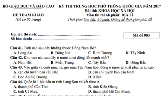  Đề thi tham khảo THPT Quốc gia m&ocirc;n Địa l&yacute;. Ảnh: B&aacute;o Tin tức