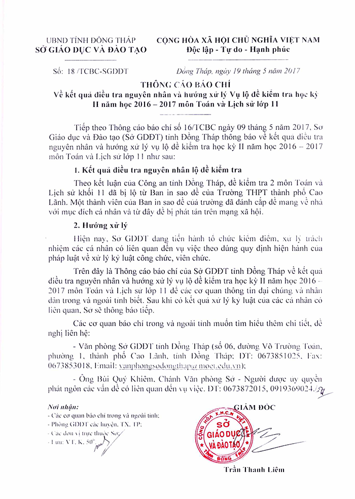  Th&ocirc;ng c&aacute;o b&aacute;o ch&iacute; của Sở Gi&aacute;o dục v&agrave; Đ&agrave;o tạo Đồng Th&aacute;p về vụ lộ đề thi học kỳ khối 11