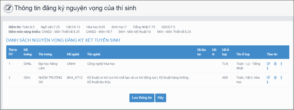  Th&ocirc;ng tin đăng k&yacute; nguyện vọng của th&iacute; sinh tr&ecirc;n hệ thống https://thisinh.thithptquocgia.edu.vn
