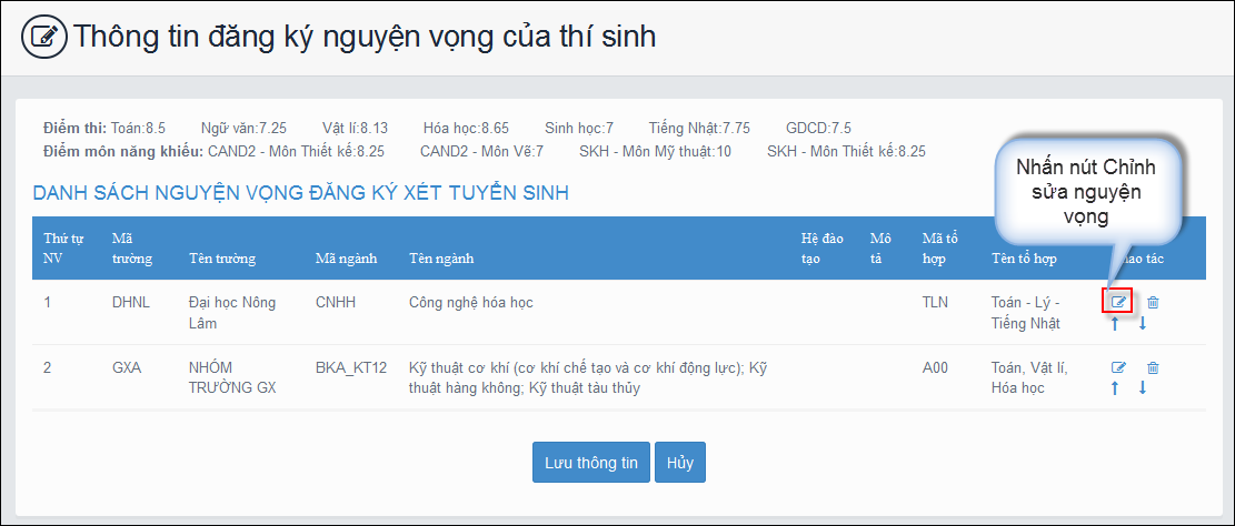  Nhấn n&uacute;t Chỉnh sử nguyện vọng để thay đổi nguyện vọng x&eacute;t tuyển đại học