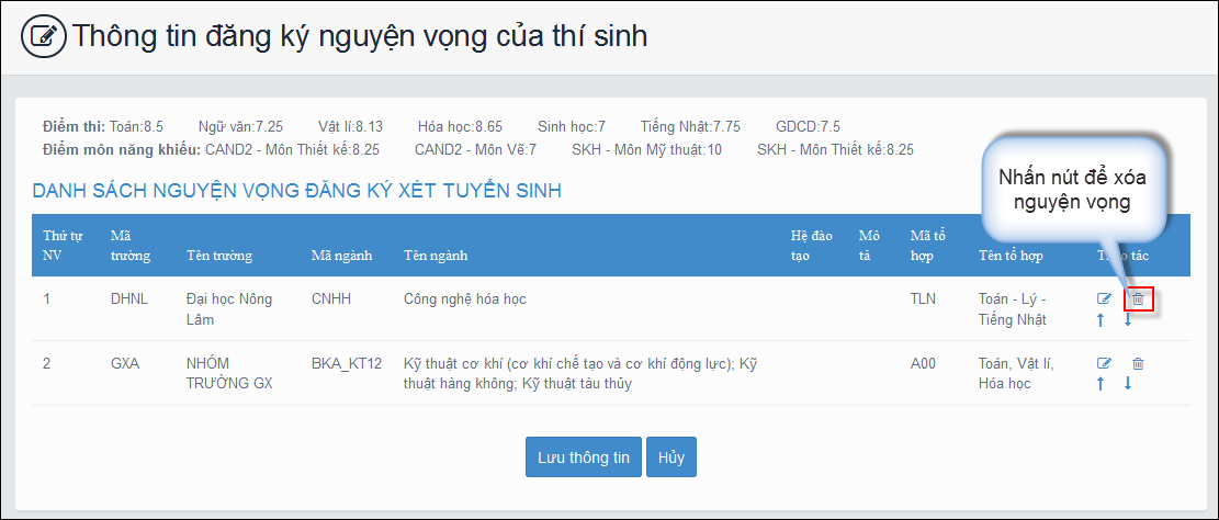 Để x&oacute;a nguyện vọng th&iacute; sinh cần nhấn vao biểu tượng th&ugrave;ng r&aacute;c 