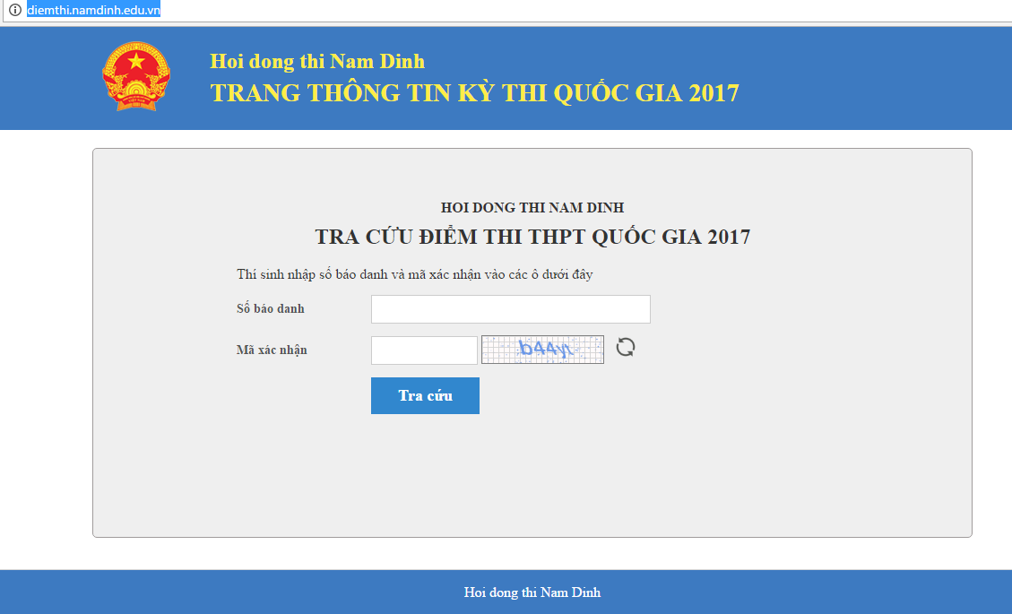 Giao diện tra cứu điểm thi THPT quốc gia 2017 của Hội đồng thi Nam Định