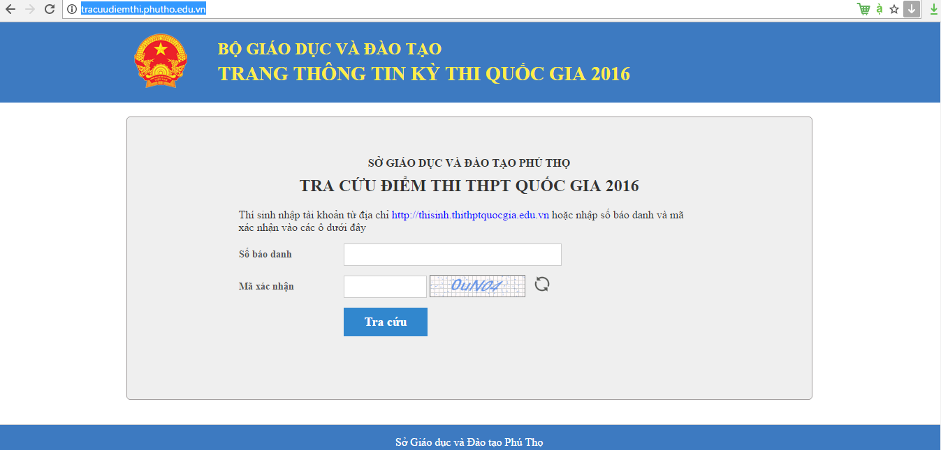  Giao diện cổng tra cứu điểm thi THPT quốc gia 2017 tỉnh Ph&uacute; Thọ