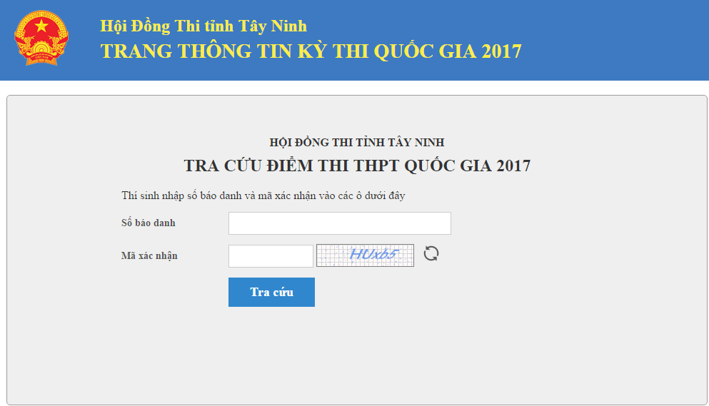  Giao diện hệ thống tra cứu điểm thi THPT quốc gia 2017 tỉnh T&acirc;y Ninh