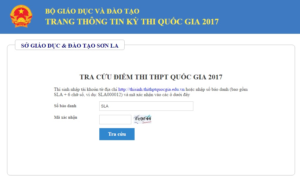  Giao diện tra cứu điểm thi THPT Quốc gia 2017 tỉnh Sơn La