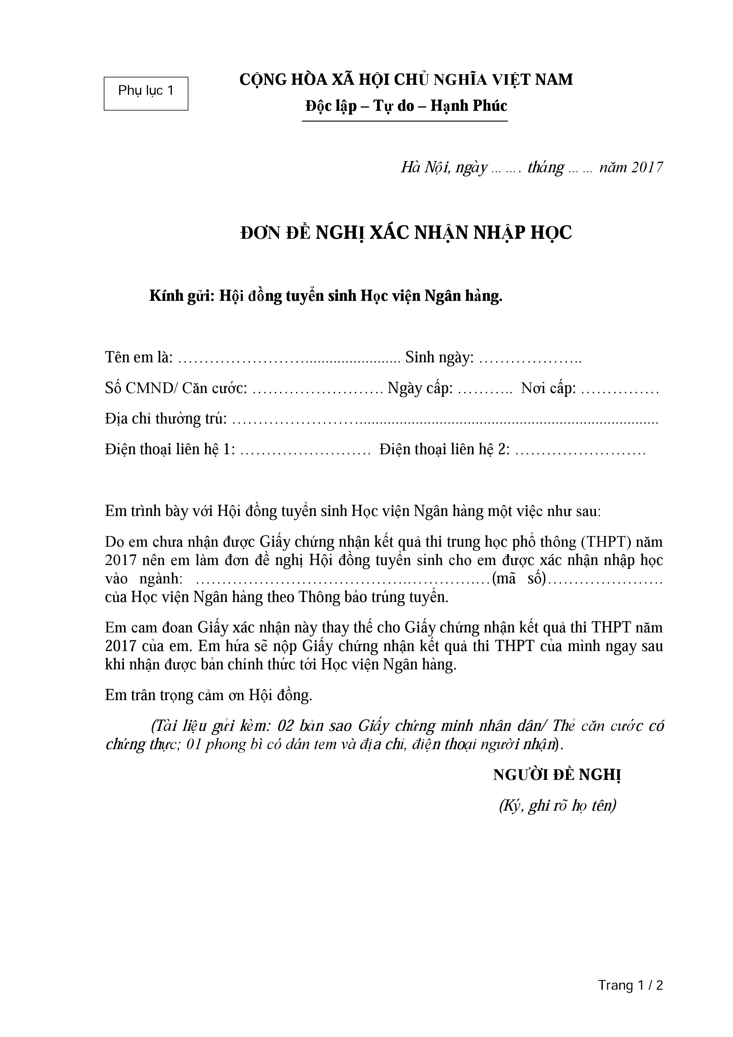 Mẫu đơn đề nghị x&aacute;c nhận nhập học Học vi&ecirc;n Ng&acirc;n h&agrave;ng 