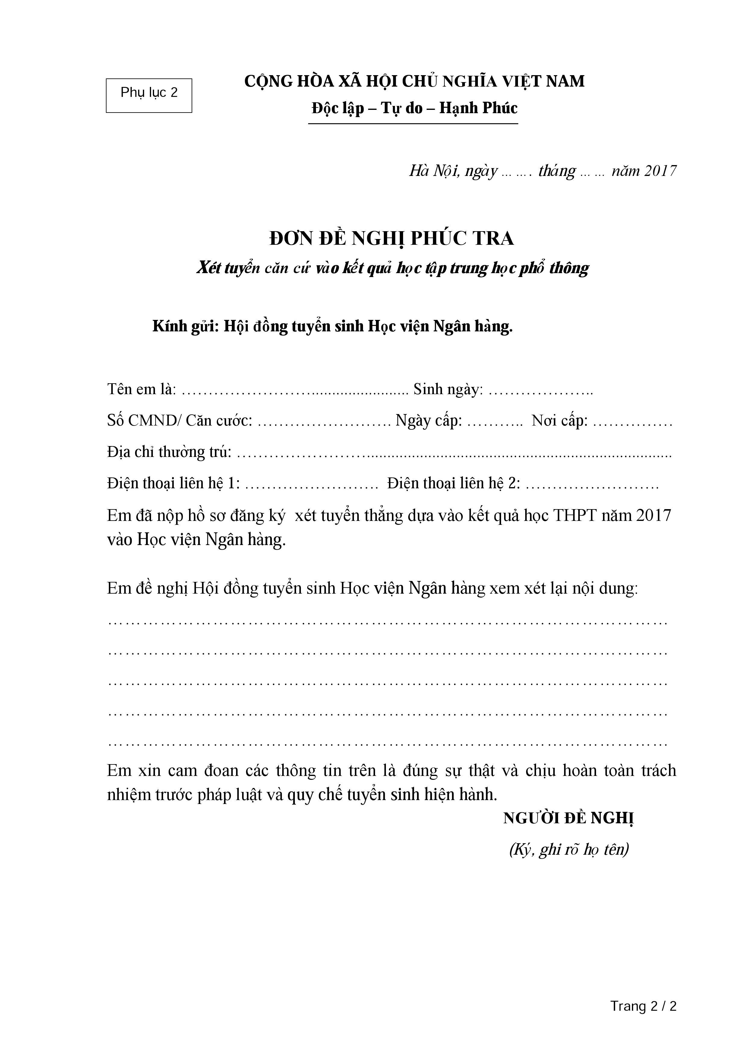  Mẫu đơn đề nghị ph&uacute;c tra của Học viện Ng&acirc;n h&agrave;ng.