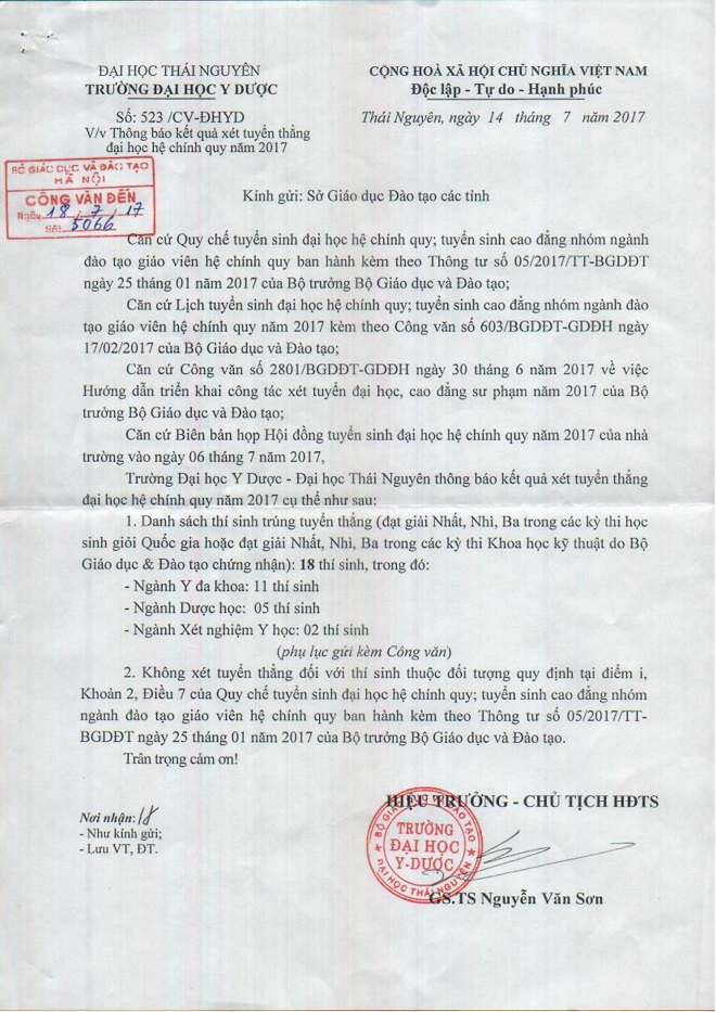 Danh s&aacute;ch 18 th&iacute; sinh được tuyển thẳng v&agrave;o Đại học Y Dược - Đại học Th&aacute;i Nguy&ecirc;n  