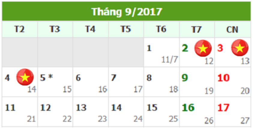  Lịch nghỉ lễ 2/9/ 2017 của người 13Win18 cá cược thể thao