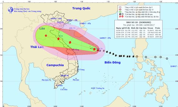 Vị tr&iacute; v&agrave; hướng đi của cơn b&atilde;o số 10. Ảnh: TTDBKTTVTW