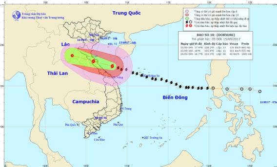  Vị tr&iacute; v&agrave; hướng đi của cơn b&atilde;o số 10. Ảnh: TTDBKTTVTW
