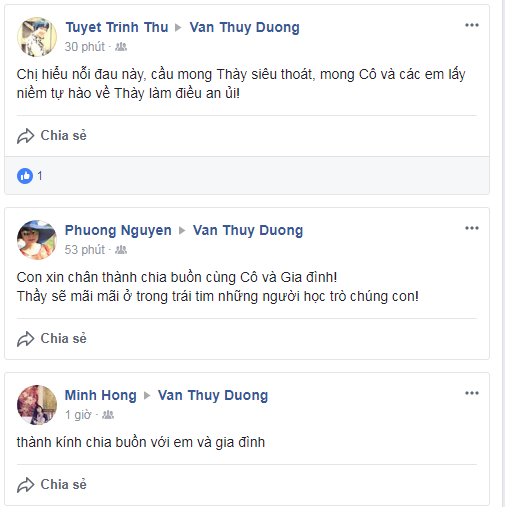  Nhiều thế hệ học tr&ograve; gửi lời chia buồn s&acirc;u sắc đến gia đ&igrave;nh thầy Văn Như Cương. Ảnh chụp m&agrave;n h&igrave;nh