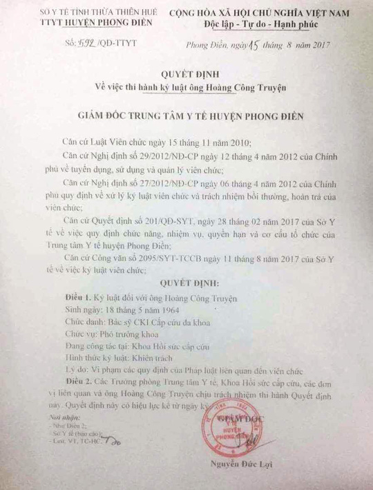 Kết luận kỷ luật b&aacute;c sĩ Truyện về việc ''n&oacute;i xấu'' Bộ trưởng. Ảnh: Người Lao động