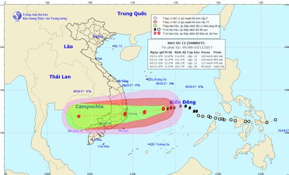  Hướng di chuyển của cơn b&atilde;o số 12. Ảnh: TTDBKTTVTW