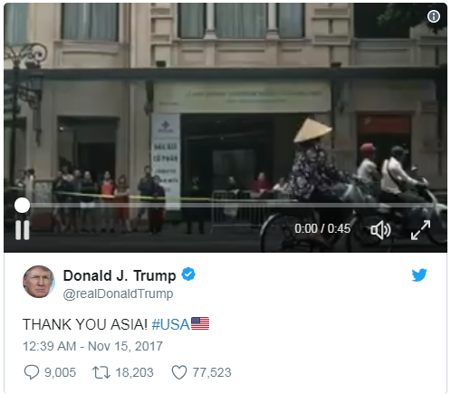 Video cảm ơn ch&acirc;u &Aacute; của Tổng thống Donald Trump thu h&uacute;t nhiều lượt th&iacute;ch v&agrave; chia sẻ. Ảnh chụp m&agrave;n h&igrave;nh