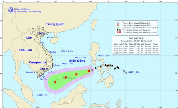 Vị tr&iacute; v&agrave; hướng đi của cơn b&atilde;o Kai-tak gần biển Đ&ocirc;ng. Ảnh: TTDBKTTVTW
