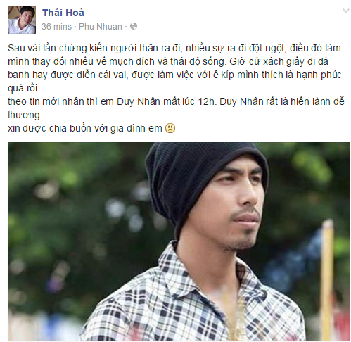 Th&aacute;i H&ograve;a chia sẻ cảm x&uacute;c tr&ecirc;n trang c&aacute; nh&acirc;n sau khi nghe tin người mẫu Duy Nh&acirc;n qua đời
