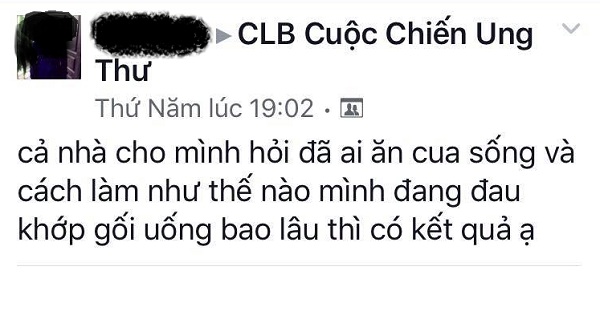 Một nickname hỏi về c&ocirc;ng dụng của cua sống. Ảnh chụp m&agrave;n h&igrave;nh.