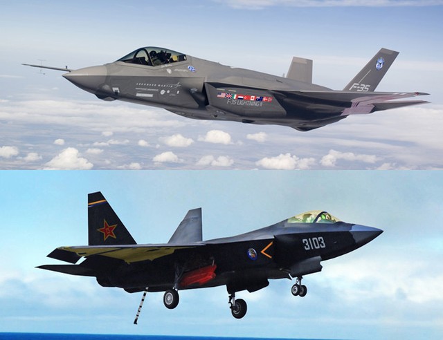 Thiết kế khí động học của J-31 (dưới) khá giống với F-35 (trên), đặc biệt là kiểu thiết kế buồng lái và cửa hút không khí. 