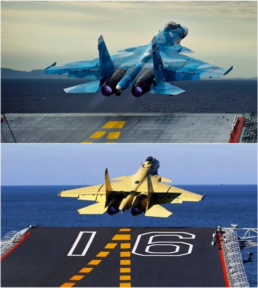 Hình ảnh J-15 cất cánh từ tàu sân bay Liêu Ninh rất giống với Su-33 cất cánh từ tàu sân bay Đô đốc Kuznetsov của Nga. 