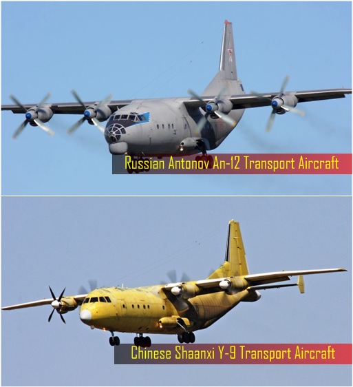 Máy bay vận tải Antonov An-12 Cub (Nga, trái) và máy bay vận tải  Shaanxi Y-9 (Trung Quốc, phải).