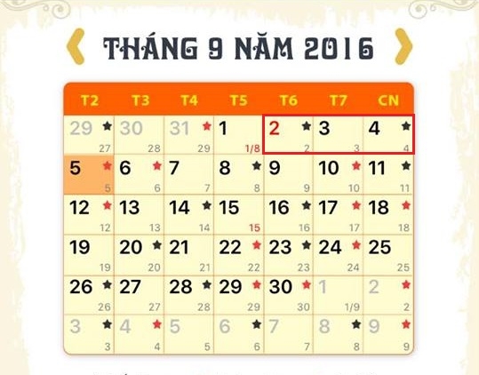 Đợt nghỉ lễ Quốc khánh 2/9/2016 sẽ được nghỉ 3 ngày liên tiếp