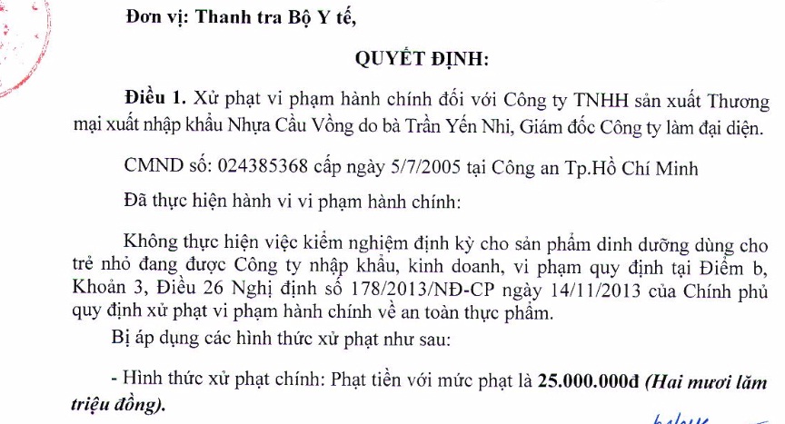 Xử phạt c&ocirc;ng ty Nhựa Cầu Vồng v&igrave; kh&ocirc;ng kiểm nghiệm định kỳ sản phẩm dinh dưỡng cho trẻ nhỏ