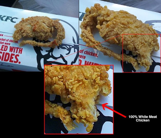 Bức h&igrave;nh m&agrave; KFC đ&atilde; lật ngược lại, cho thấy chỗ g&agrave; r&aacute;n KFC bị cắn v&agrave;o l&agrave; thịt ức g&agrave; đ&atilde; được nấu ch&iacute;n