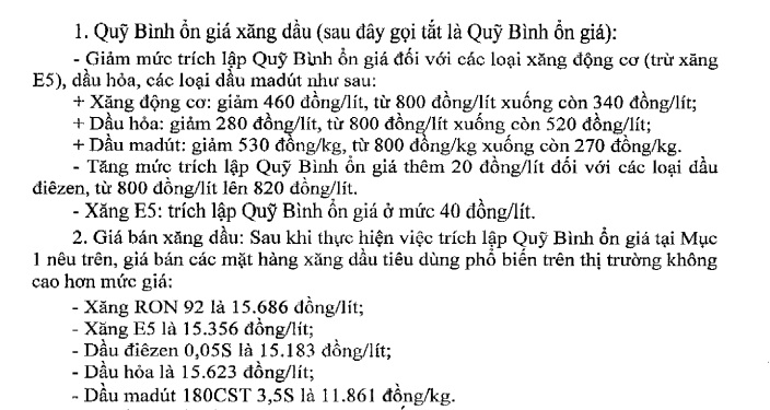 Giảm gi&aacute; xăng E5 v&agrave; mức tr&iacute;ch lập quỹ b&igrave;nh ổn gi&aacute; một số nhi&ecirc;n liệu