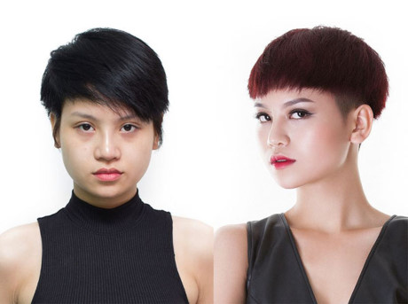 Thùy Trâm vốn đã có kiểu tóc pixie cá tính. Các chuyên gia tăng thêm độ ngầu cho cô nàng bằng kiểu đầu nấm, cạo hết phần gáy lấy cảm hứng từ Rihanna.