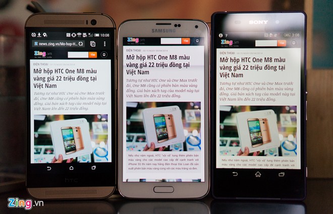 HTC One M8 cho tông màu lạnh, Galaxy S5 và Xperia Z2 có màu sắc ấm.