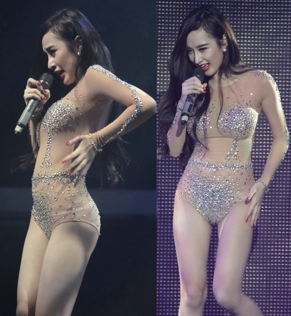 Angela Phương Trinh vẫn để lại một dấu ấn khó quên trong năm 2013 với bodysuit cũn cỡn, chất liệu mỏng tang, có màu sắc trùng màu với màu da. Dưới ánh đèn sân khấu, không ít khán giả cảm thấy nóng mắt trước bộ đồ khêu gợi thái quá của cô nàng 18 tuổi.